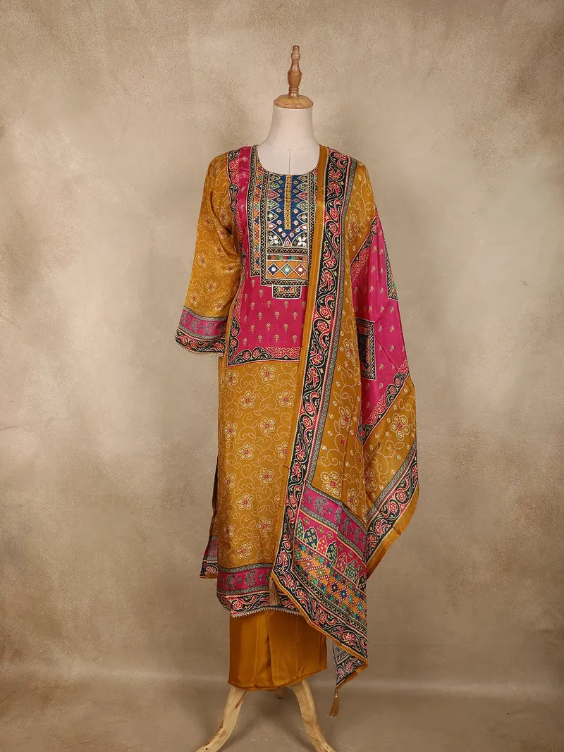 Mustard Yellow Geometric Printed  Design Crepe Straight Cut Salwar Suit With Dupatta 1