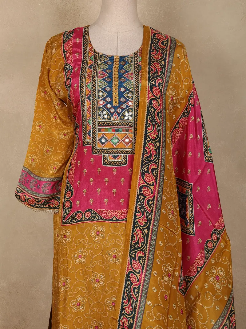 Mustard Yellow Geometric Printed Design Crepe Straight Cut Salwar Suit With Dupatta 2