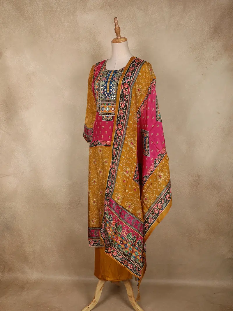 Mustard Yellow Geometric Printed Design Crepe Straight Cut Salwar Suit With Dupatta 3