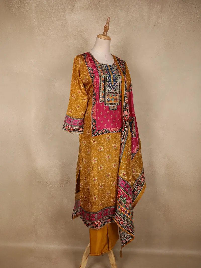 Mustard Yellow Geometric Printed Design Crepe Straight Cut Salwar Suit With Dupatta 4