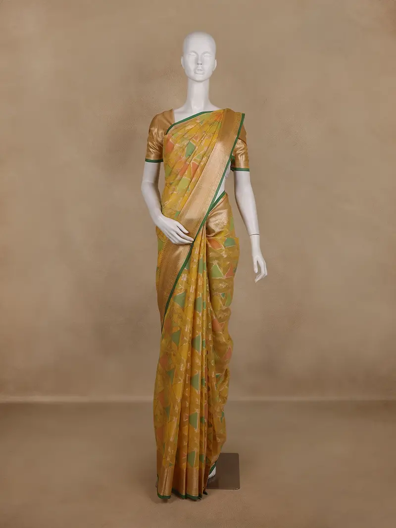 Mustard Yellow Geometric Printed Design Tissue Silk Saree 1
