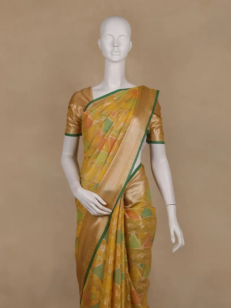 Mustard Yellow Geometric Printed Design Tissue Silk Saree 2