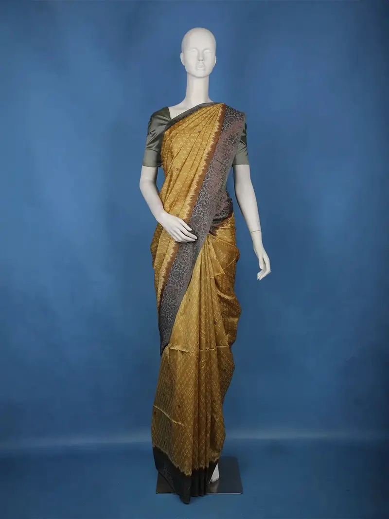 Mustard Yellow Geometric Woven Semi Tussar Silk Saree With Grey Contrast Border 1
