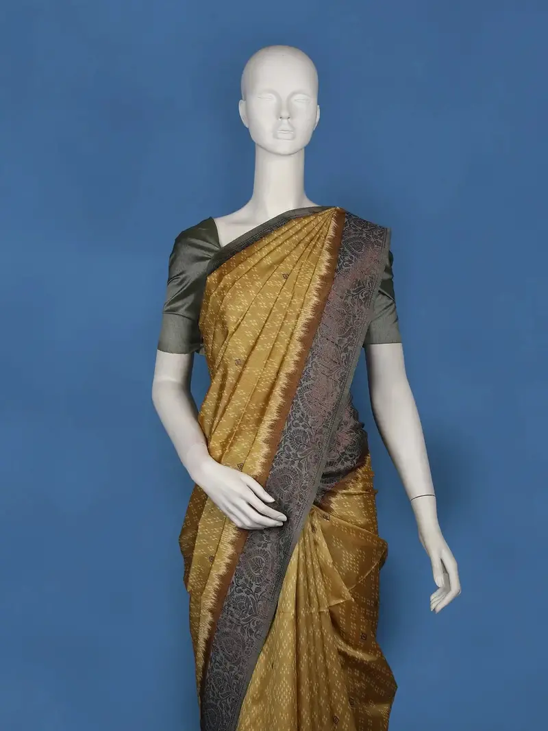Mustard Yellow Geometric Woven Semi Tussar Silk Saree With Grey Contrast Border 2
