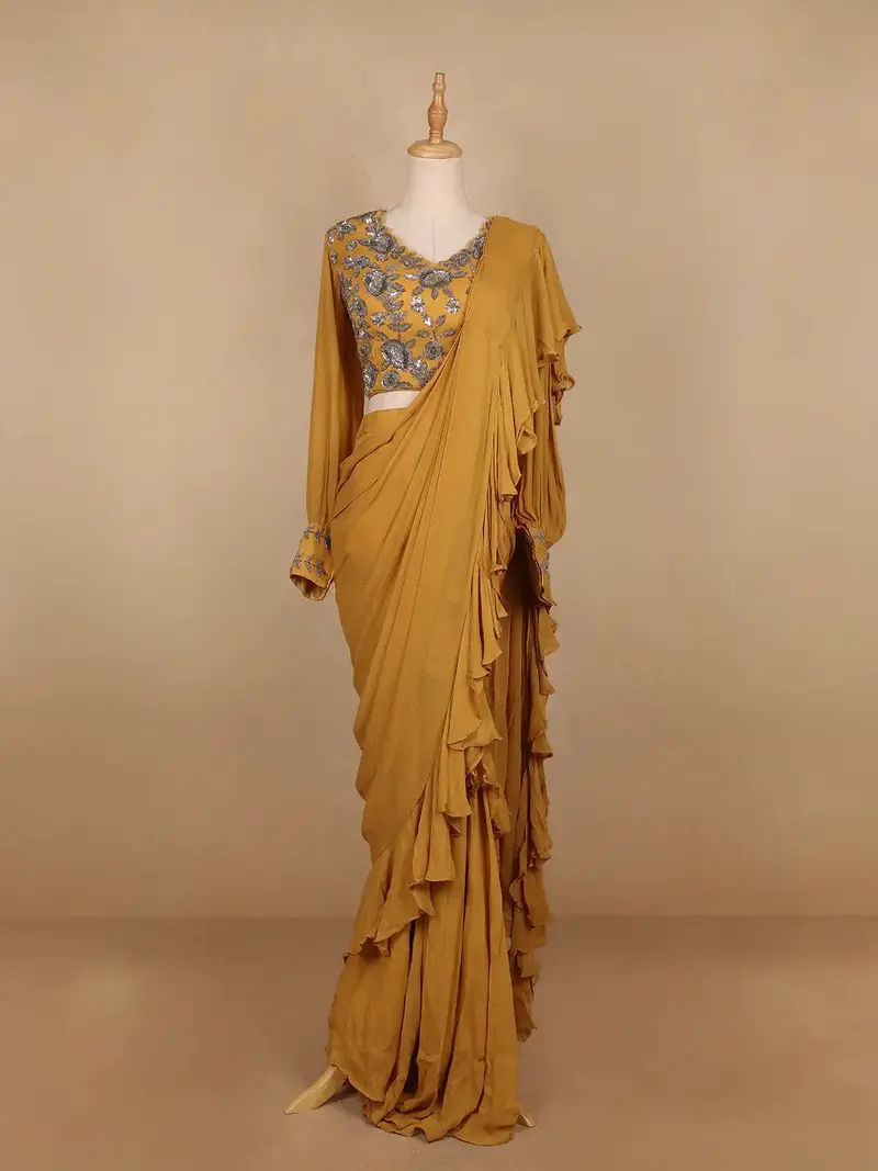 Mustard Yellow Georgette Ready To Wear Saree With Plain Body Paired With Designer Blouse 1