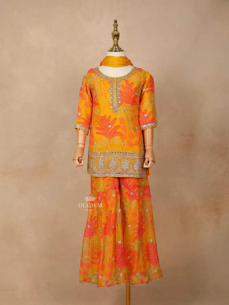 Mustard Yellow Georgette Sharara Suit With Floral Prints And Embroidery, Paired With Dupatta 1