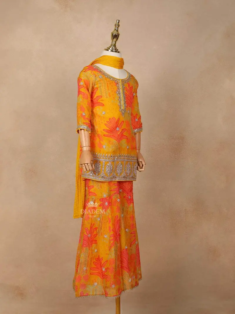 Mustard Yellow Georgette Sharara Suit With Floral Prints And Embroidery, Paired With Dupatta 2