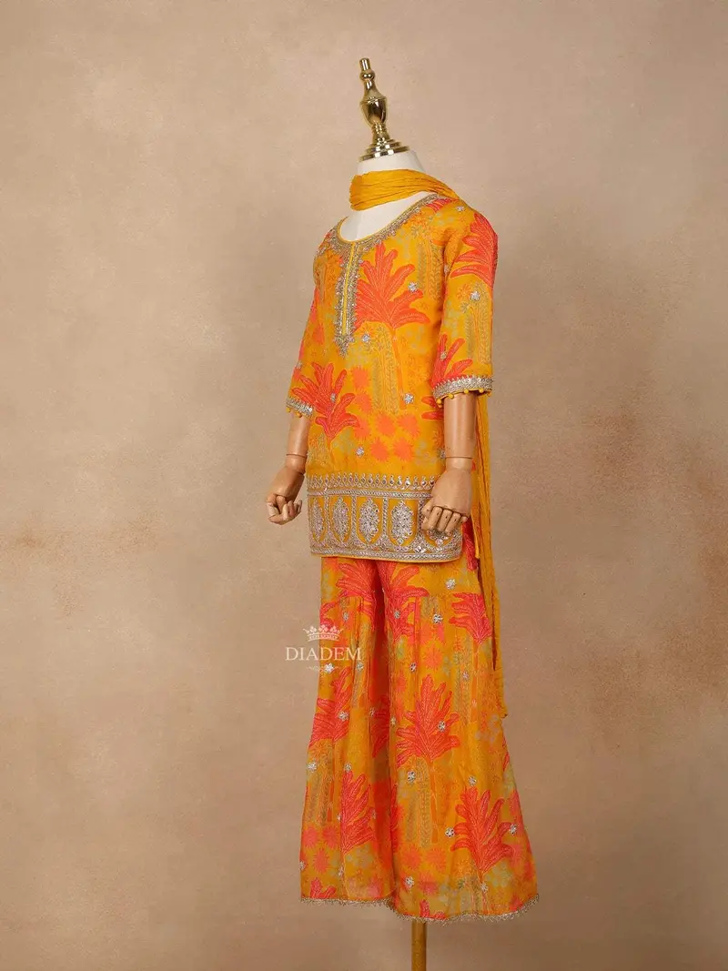 Mustard Yellow Georgette Sharara Suit With Floral Prints And Embroidery, Paired With Dupatta 3