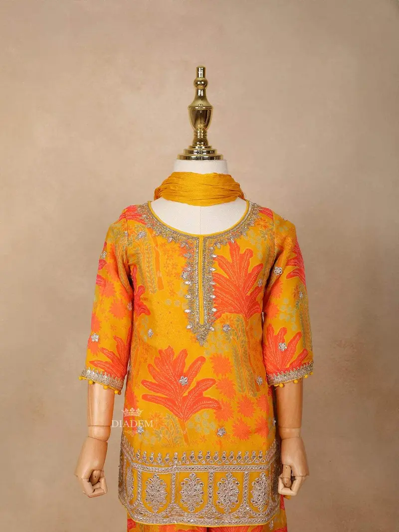 Mustard Yellow Georgette Sharara Suit With Floral Prints And Embroidery, Paired With Dupatta 4