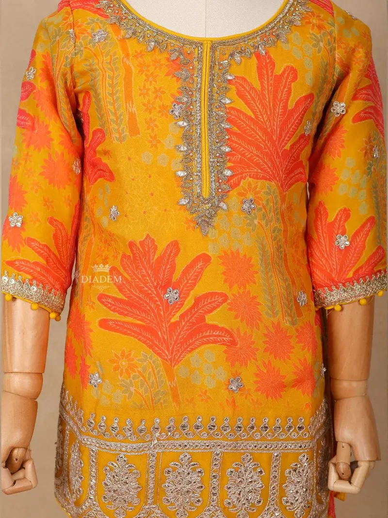 Mustard Yellow Georgette Sharara Suit With Floral Prints And Embroidery, Paired With Dupatta 5