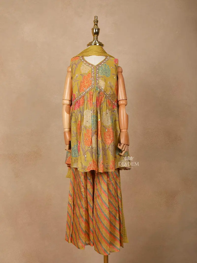 Mustard Yellow Georgette Sharara Suit With Floral Prints, Paired With Dupatta 1