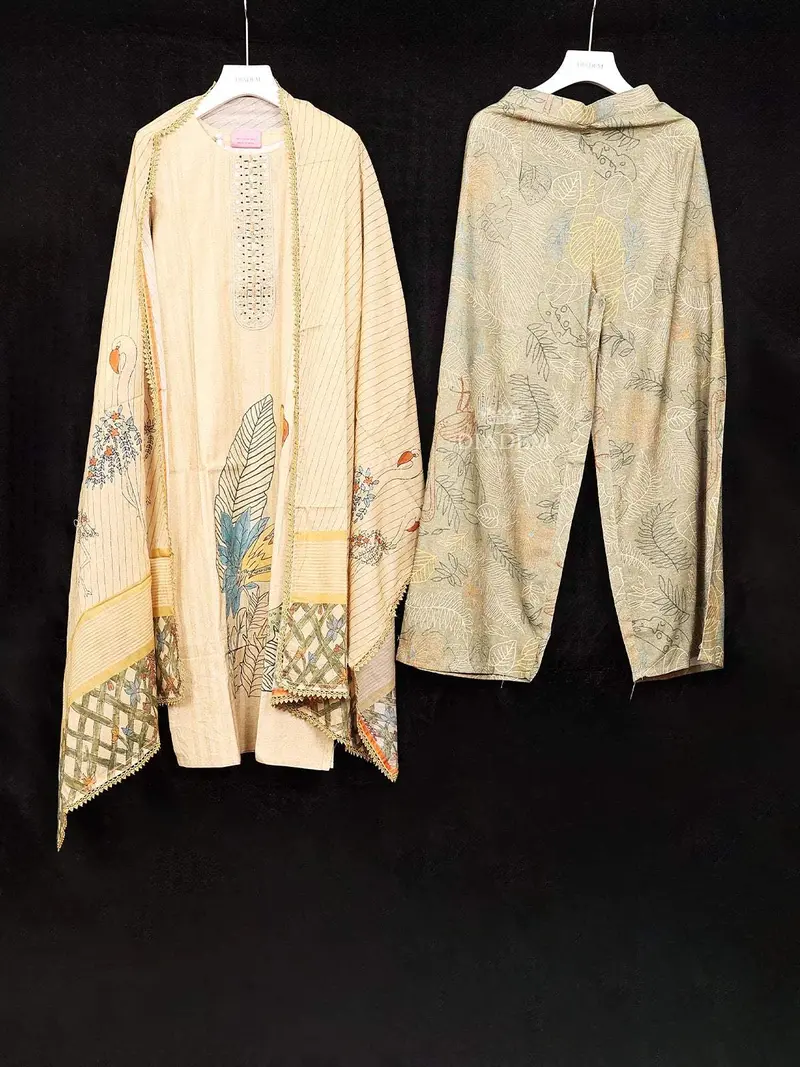 Mustard Yellow Georgette Straight Cut Salwar Suit For Women Adorned With Floral Prints And Mirrorwork, Paired With Dupatta 1