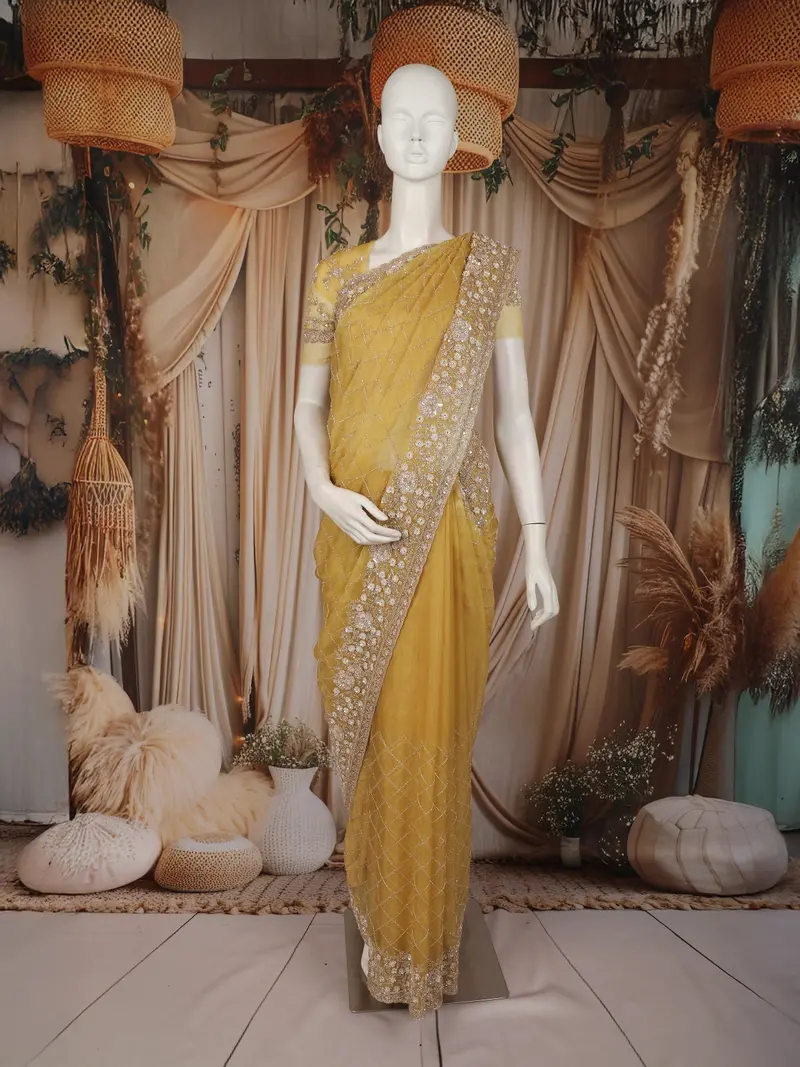 Mustard Yellow Heavy Sequins And Beads Embroidered Design Net Designer Saree 1