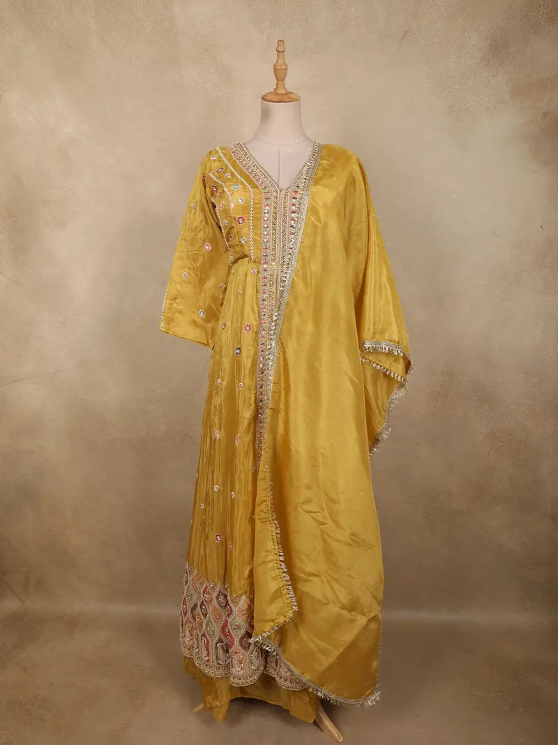 Mustard Yellow Heavy Sequins And Beads Embroidered Design Tissue Silk Mastani Lehenga With Dupatta 1