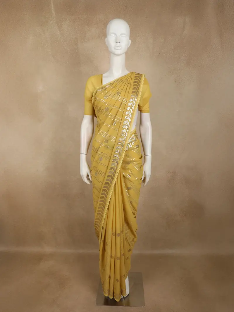 Mustard Yellow Heavy Sequins Embroidered Design Georgette Designer Saree With Lace Border 1