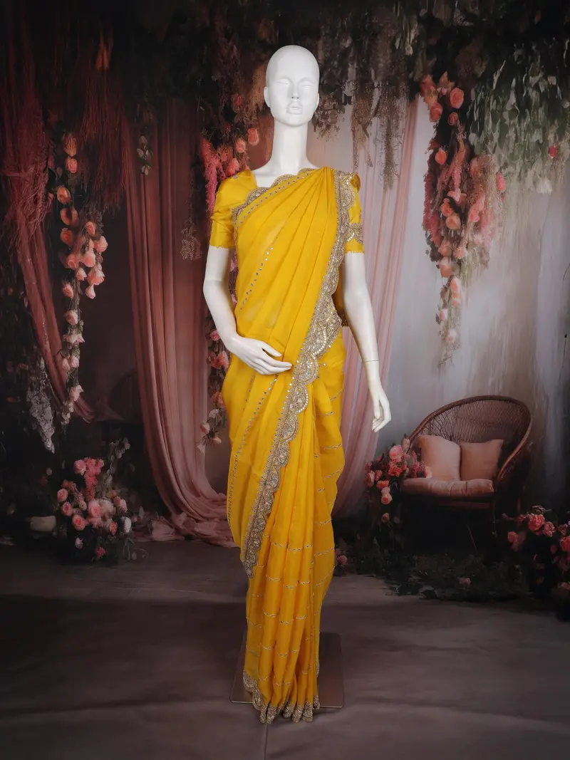 Mustard Yellow Heavy Sequins Embroidered Design Organza Designer Saree 1