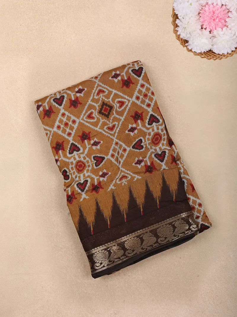 Mustard Yellow Ikat Printed Chanderi Cotton Saree With Contrast Zari Border 1
