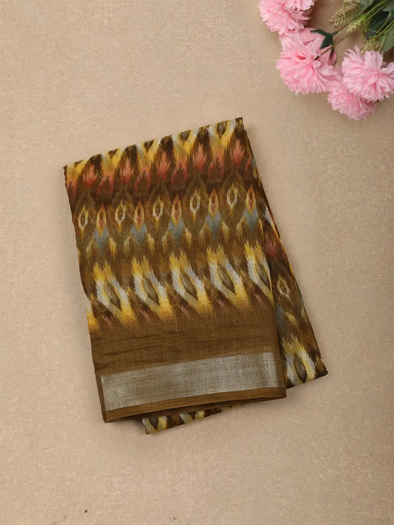 Mustard Yellow Ikat Printed Design Crepe Silk Casual Wear Saree 1