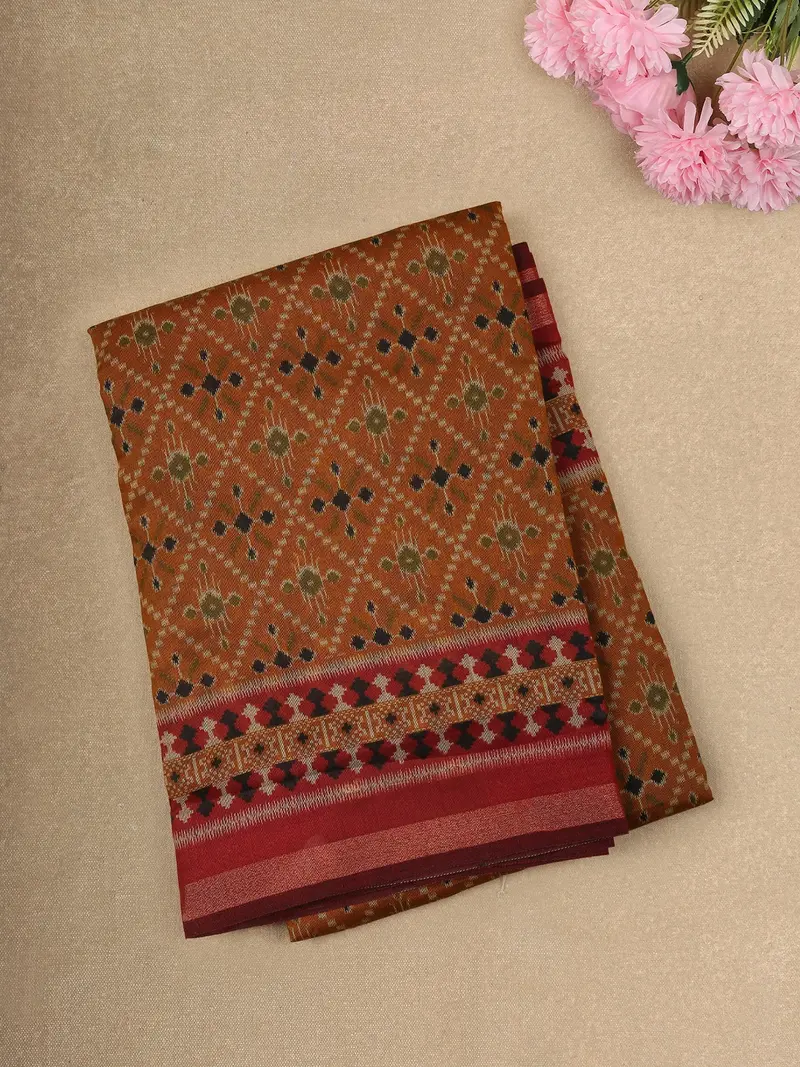Mustard Yellow Ikat Printed Design Linen Cotton Saree With Zari Border 1