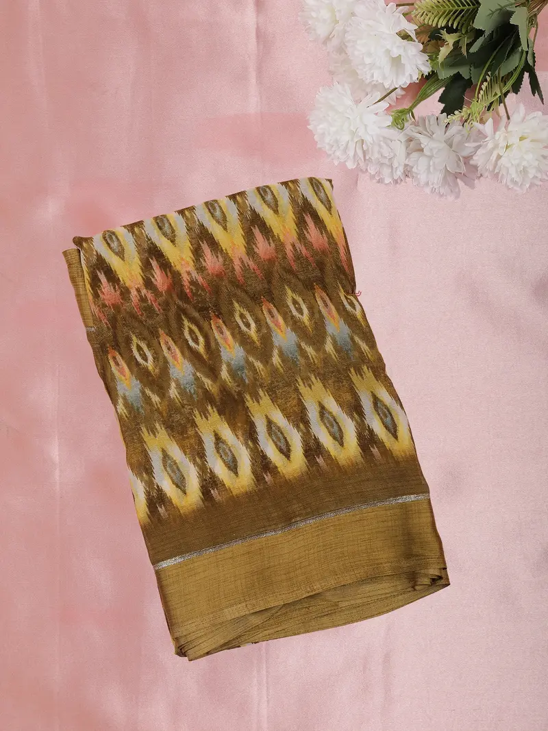 Mustard Yellow Ikat Printed Design Mixed Cotton Saree 1