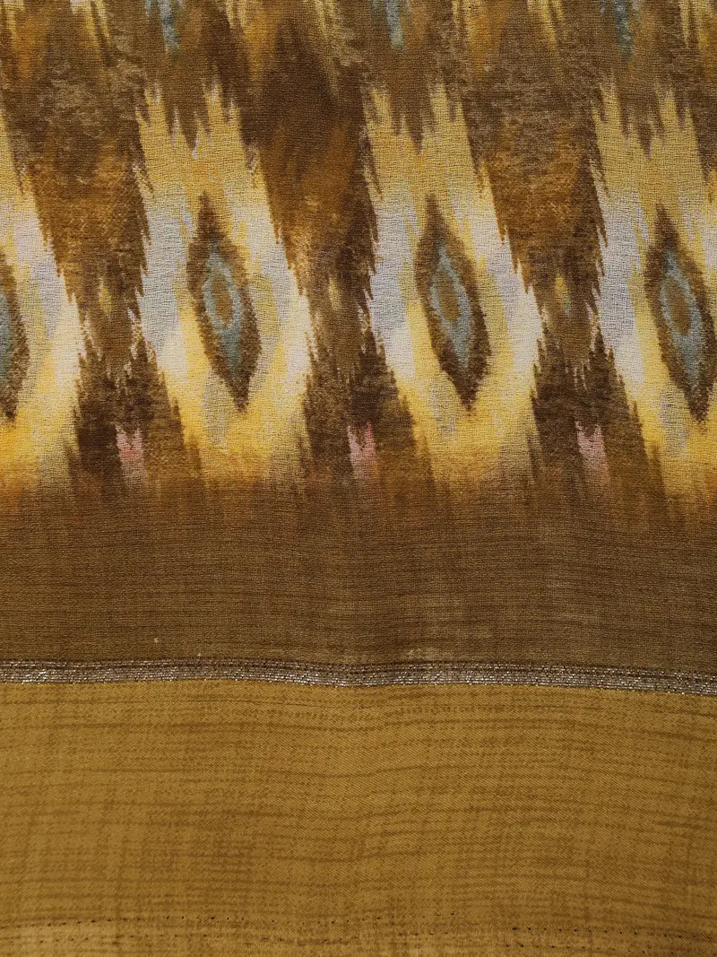 Mustard Yellow Ikat Printed Design Mixed Cotton Saree 2