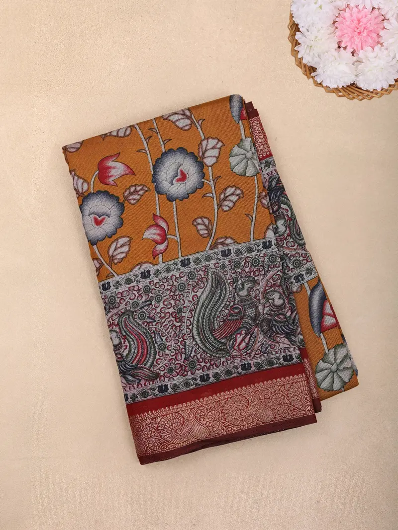 Mustard Yellow Kalamkari Floral And Peacock Printed Chanderi Cotton Saree With Maroon Zari Border 1
