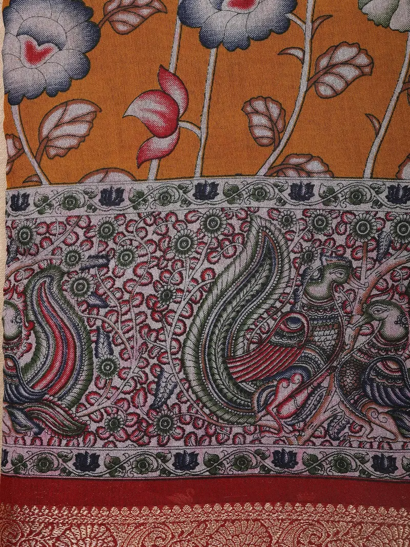 Mustard Yellow Kalamkari Floral And Peacock Printed Chanderi Cotton Saree With Maroon Zari Border 2