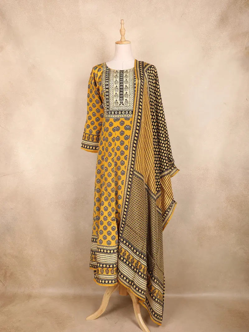 Mustard Yellow Kashmiri Floral Printed Design Crepe Straight Cut Salwar Suit With Dupatta 1