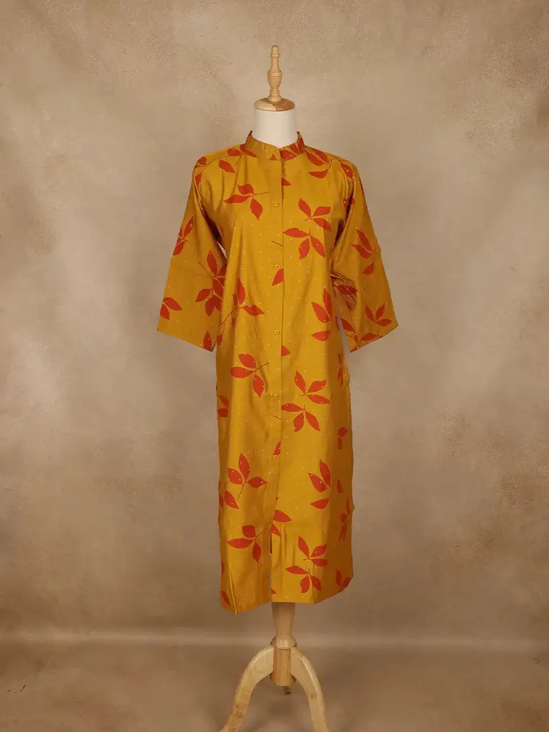 Mustard Yellow Leaf Design Printed Cotton Kurti 1