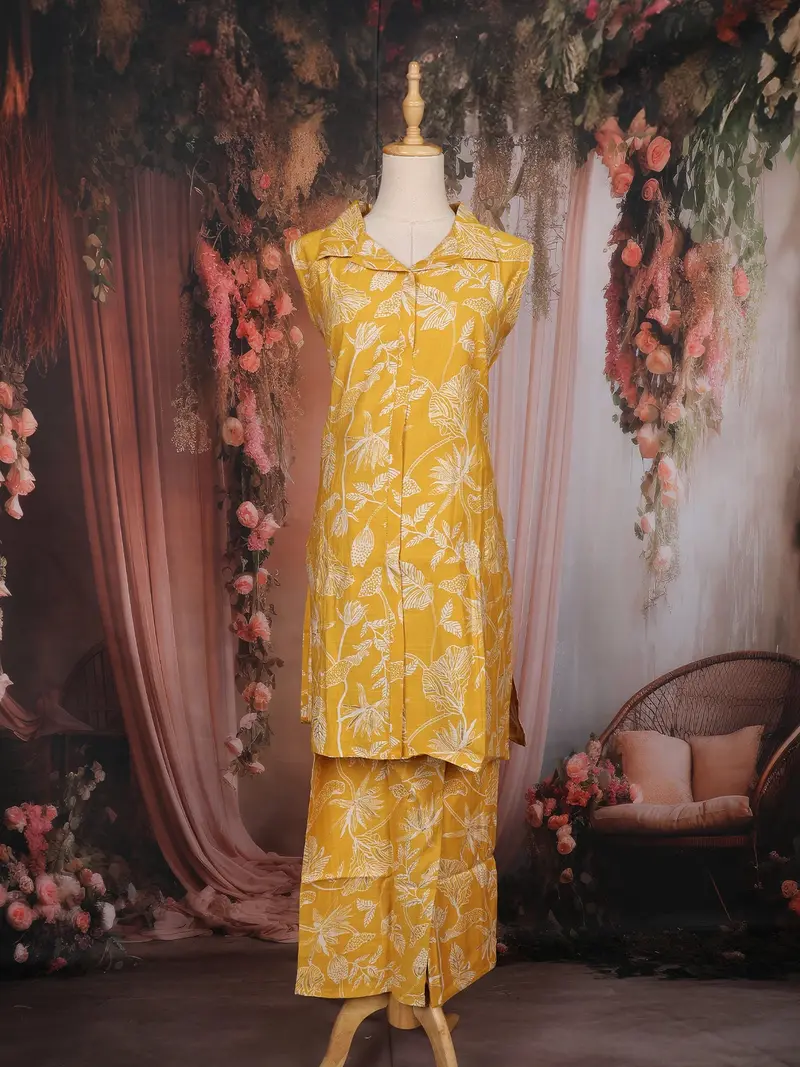 Mustard Yellow Leaf Printed Cotton Co-Ord Set 1