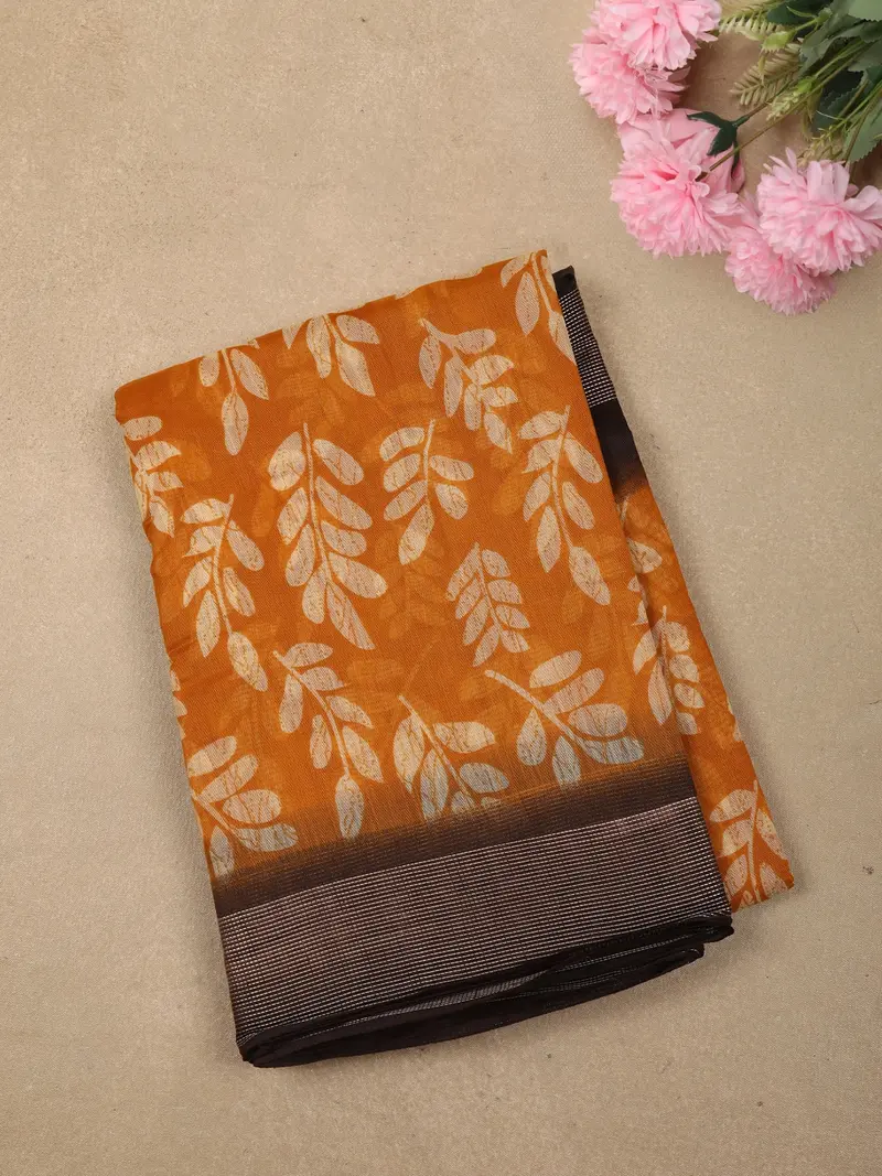 Mustard Yellow Leaf Printed Design Linen Cotton Casual Wear Saree 1