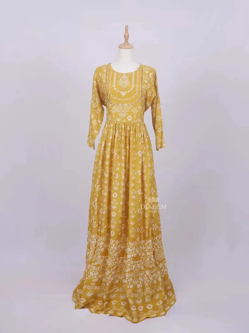 Mustard Yellow Long Kurti With Floral Prints & Mirror Work (No Dupatta) 1