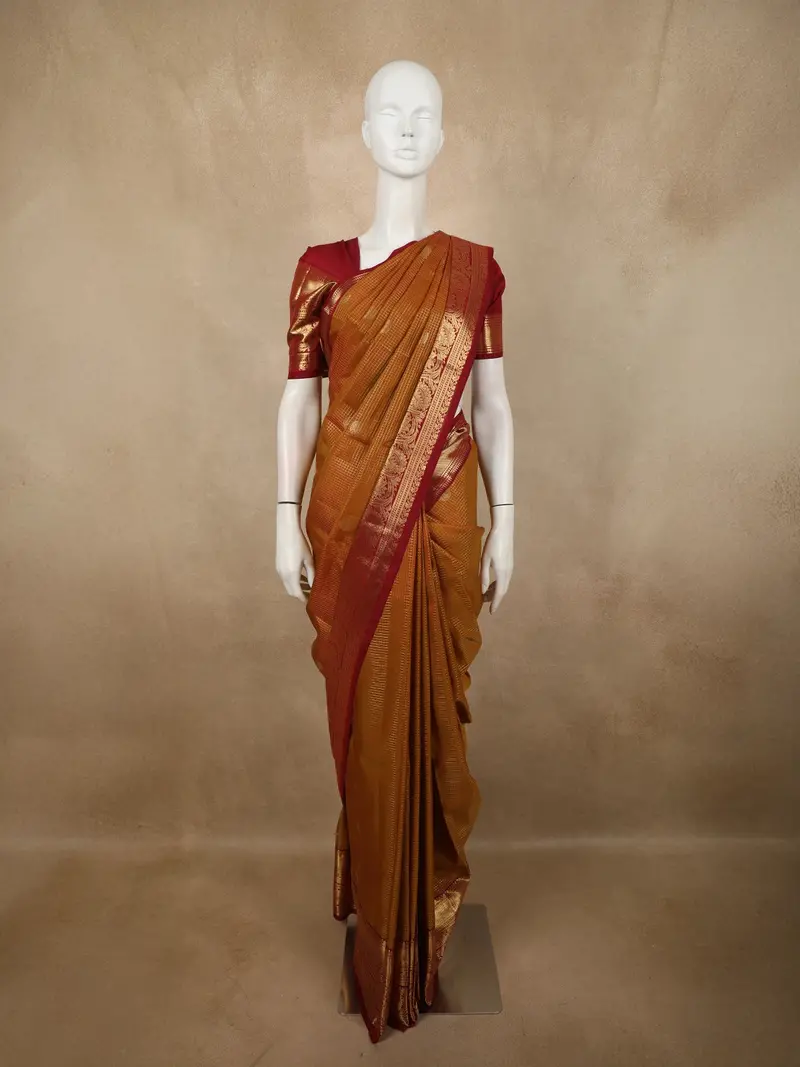 Mustard Yellow Mini Checked Zari Woven Design Pure Kanchipuram Silk Saree With Contrast Floral Zari Border 1