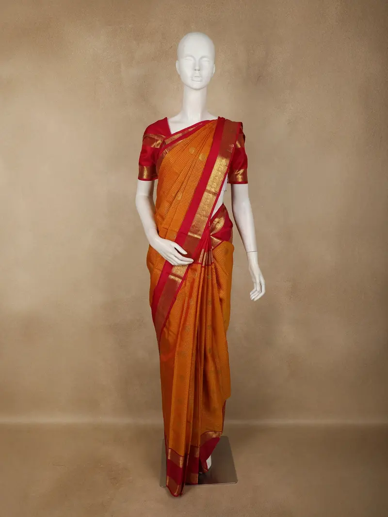 Mustard Yellow Mini Checked Zari Woven Design Pure Kanchipuram Silk Saree With Contrast Zari Border 1