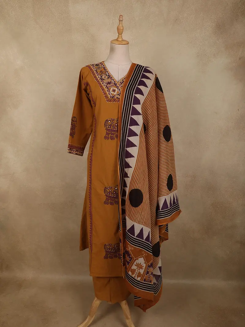 Mustard Yellow Mirror Embroidered Design Cotton Salwar Suit With Dupatta 1