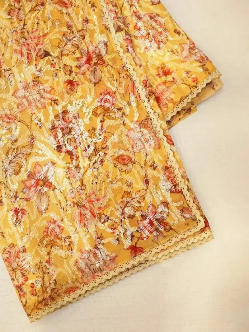 Mustard Yellow Organza Silk Saree Adorned With Floral Prints And Sequins And Design Border 1