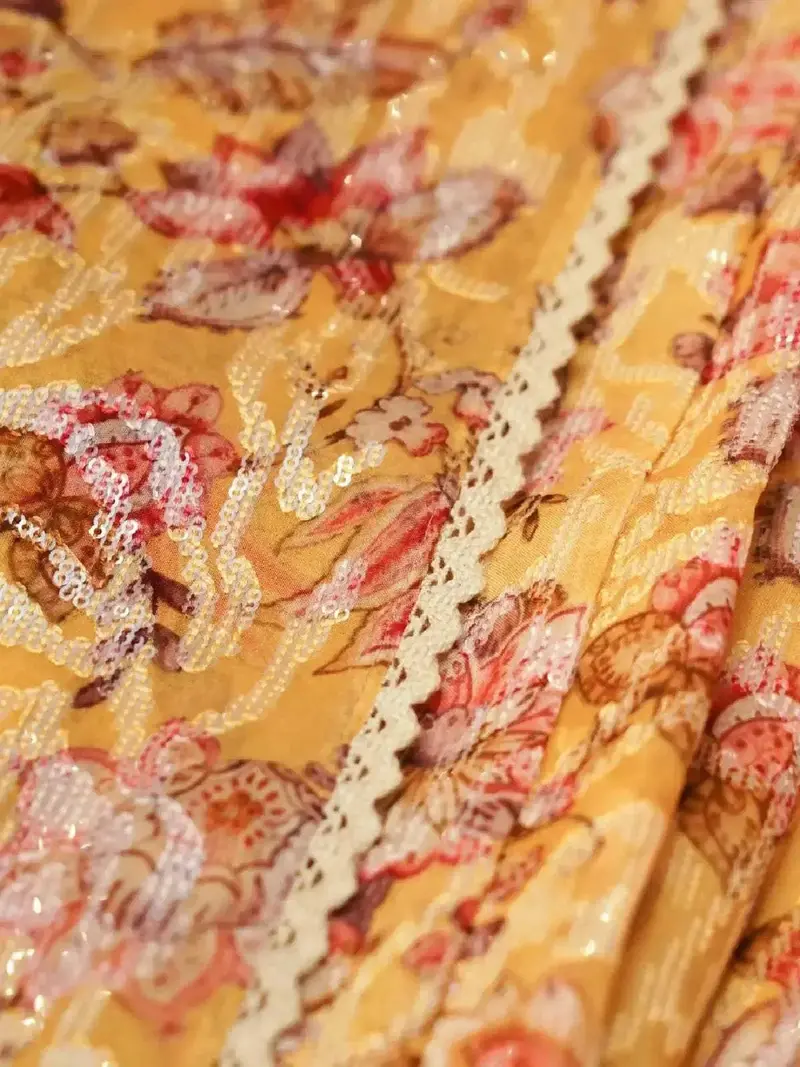 Mustard Yellow Organza Silk Saree Adorned With Floral Prints And Sequins And Design Border 2
