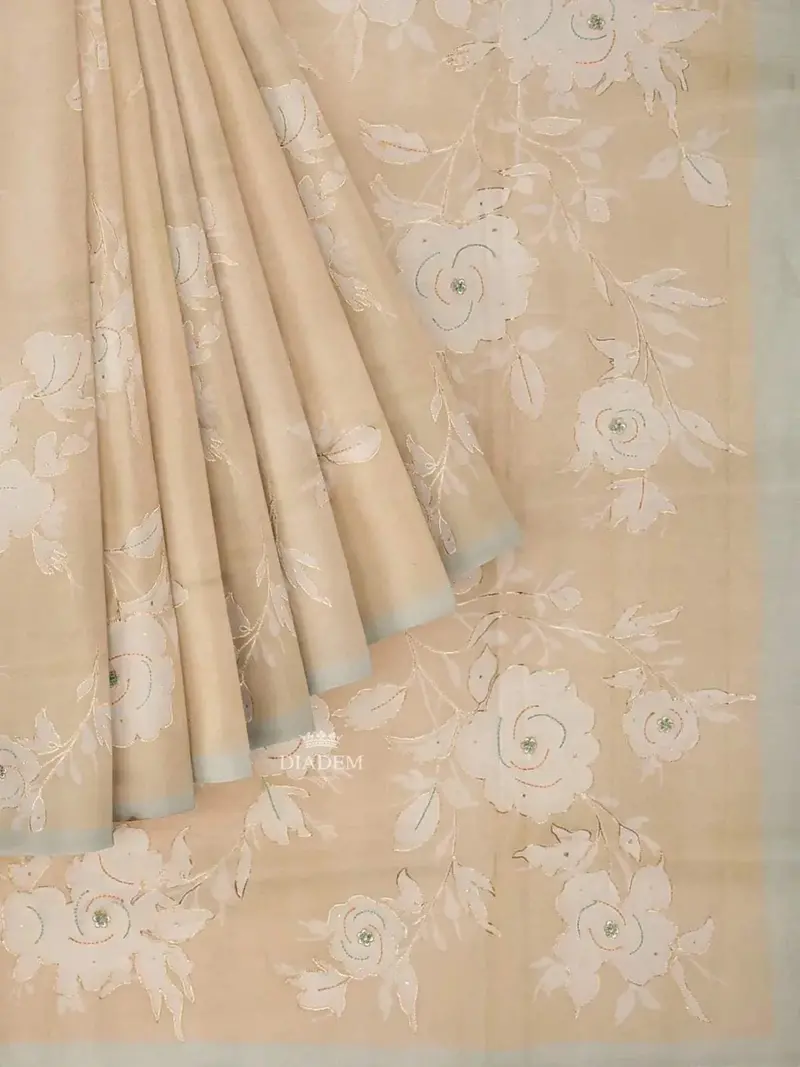 Mustard Yellow Organza Silk Saree With Floral Prints On The Body And Plain Border 1