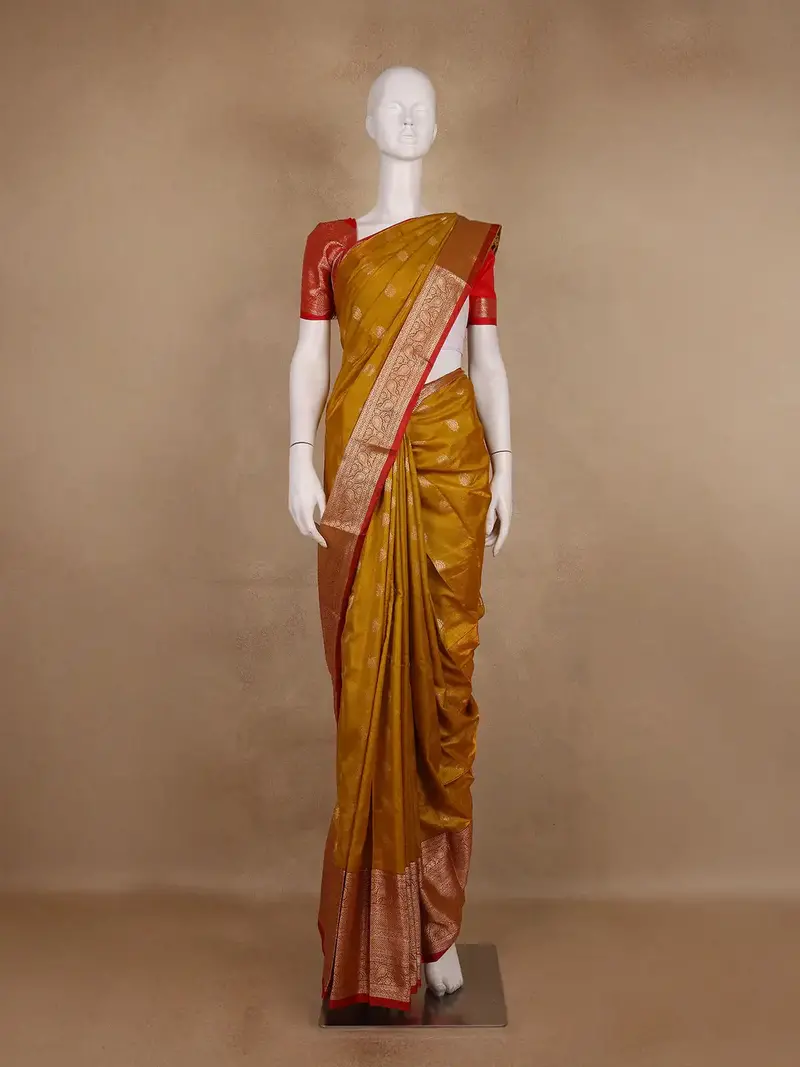 Mustard Yellow Paisley Design Banarasi Silk Saree 1