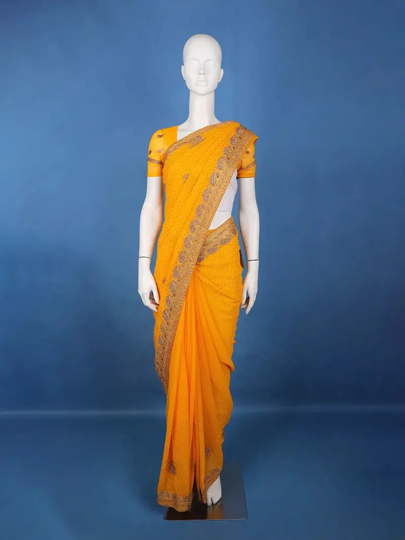Mustard Yellow Paisley Embroidered Chiffon Saree 1