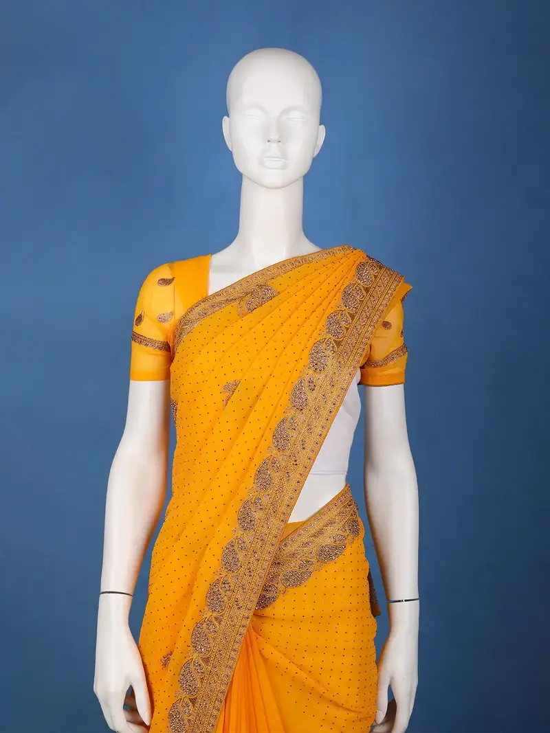 Mustard Yellow Paisley Embroidered Chiffon Saree 2