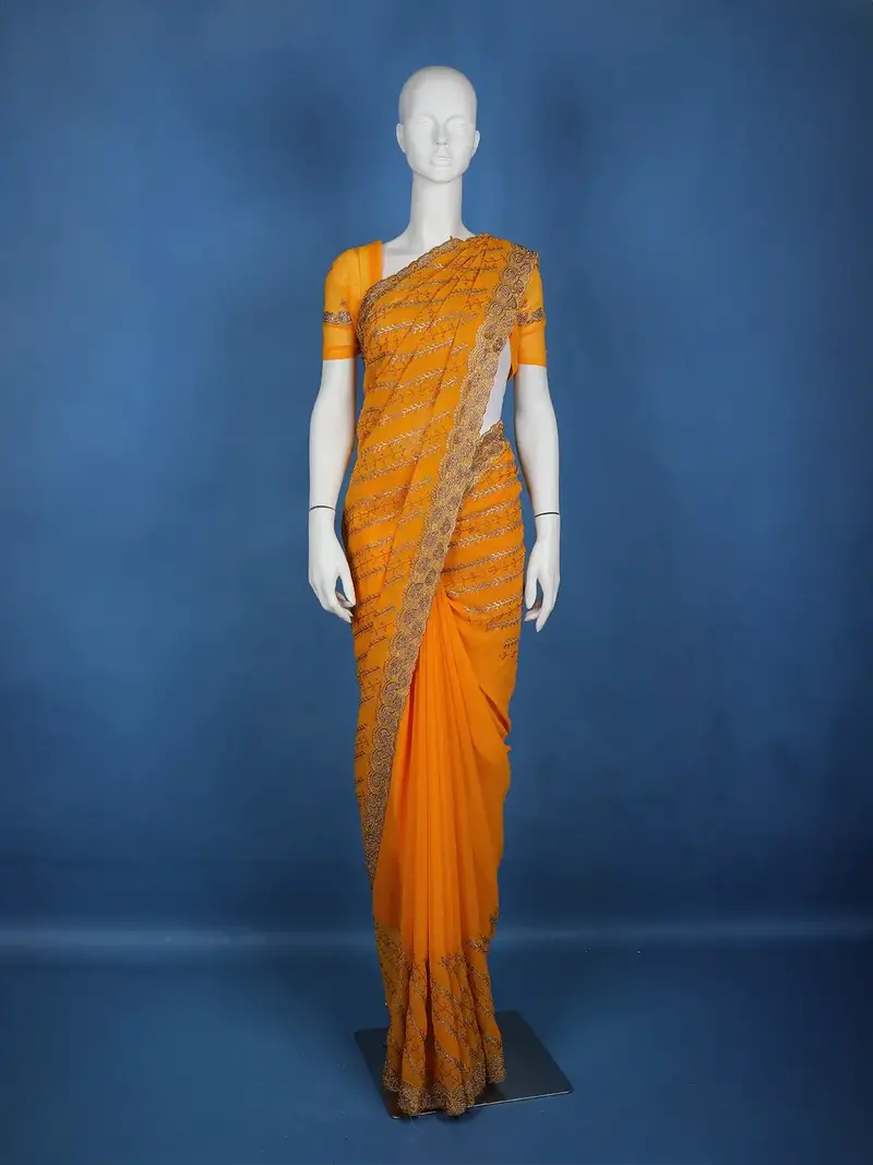 Mustard Yellow Paisley Embroidery Georgette Fancy Saree 1
