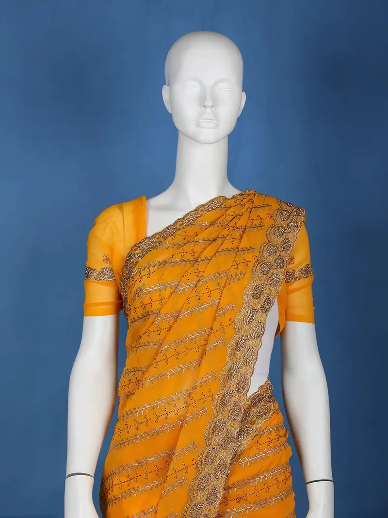 Mustard Yellow Paisley Embroidery Georgette Fancy Saree 2