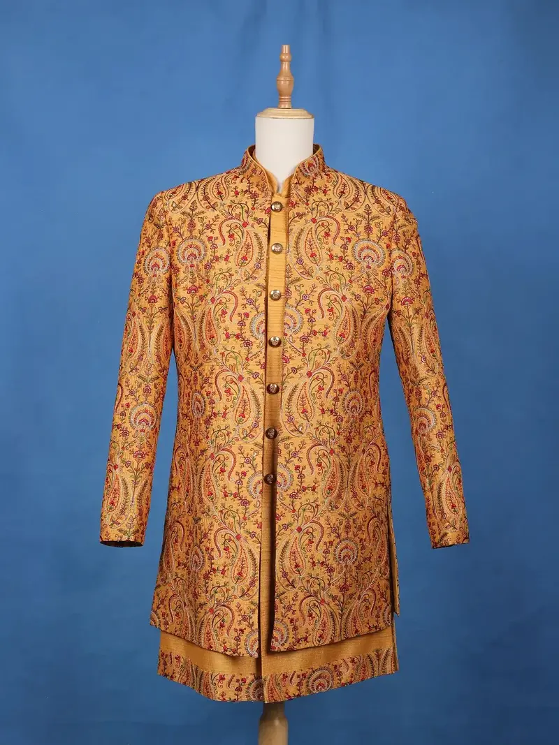 Mustard Yellow Paisley & Floral Multicolor Embroidered Jacquard Sherwani Suit 1