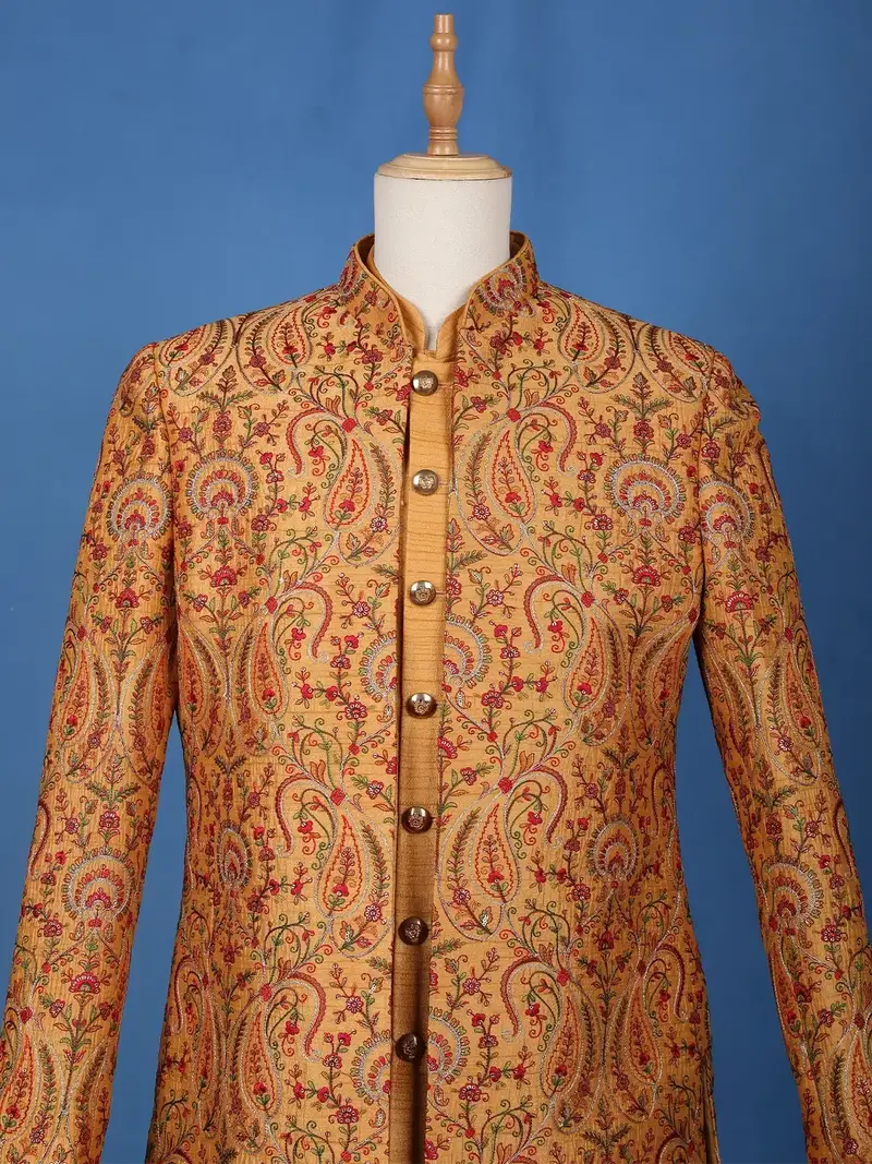 Mustard Yellow Paisley & Floral Multicolor Embroidered Jacquard Sherwani Suit 2