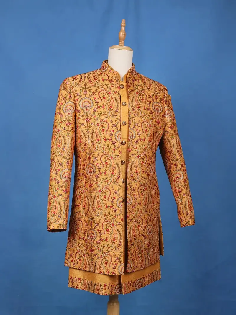 Mustard Yellow Paisley & Floral Multicolor Embroidered Jacquard Sherwani Suit 3