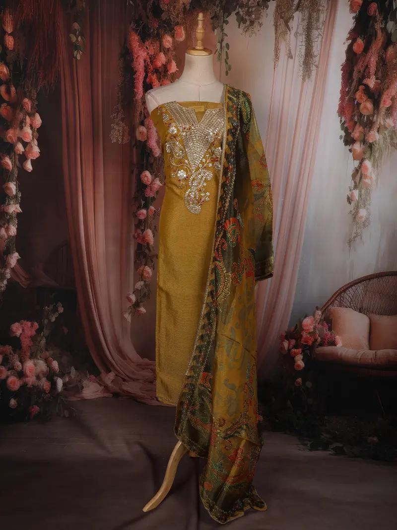 Mustard Yellow Paisley Sequins Embroidered Design Tissue Unstitched Salwar Material With Dupatta 1