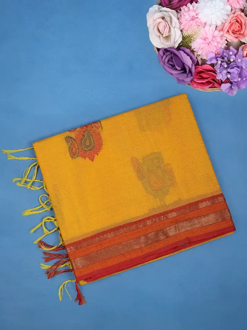 Mustard Yellow Paisley Woven Cotton Saree 1