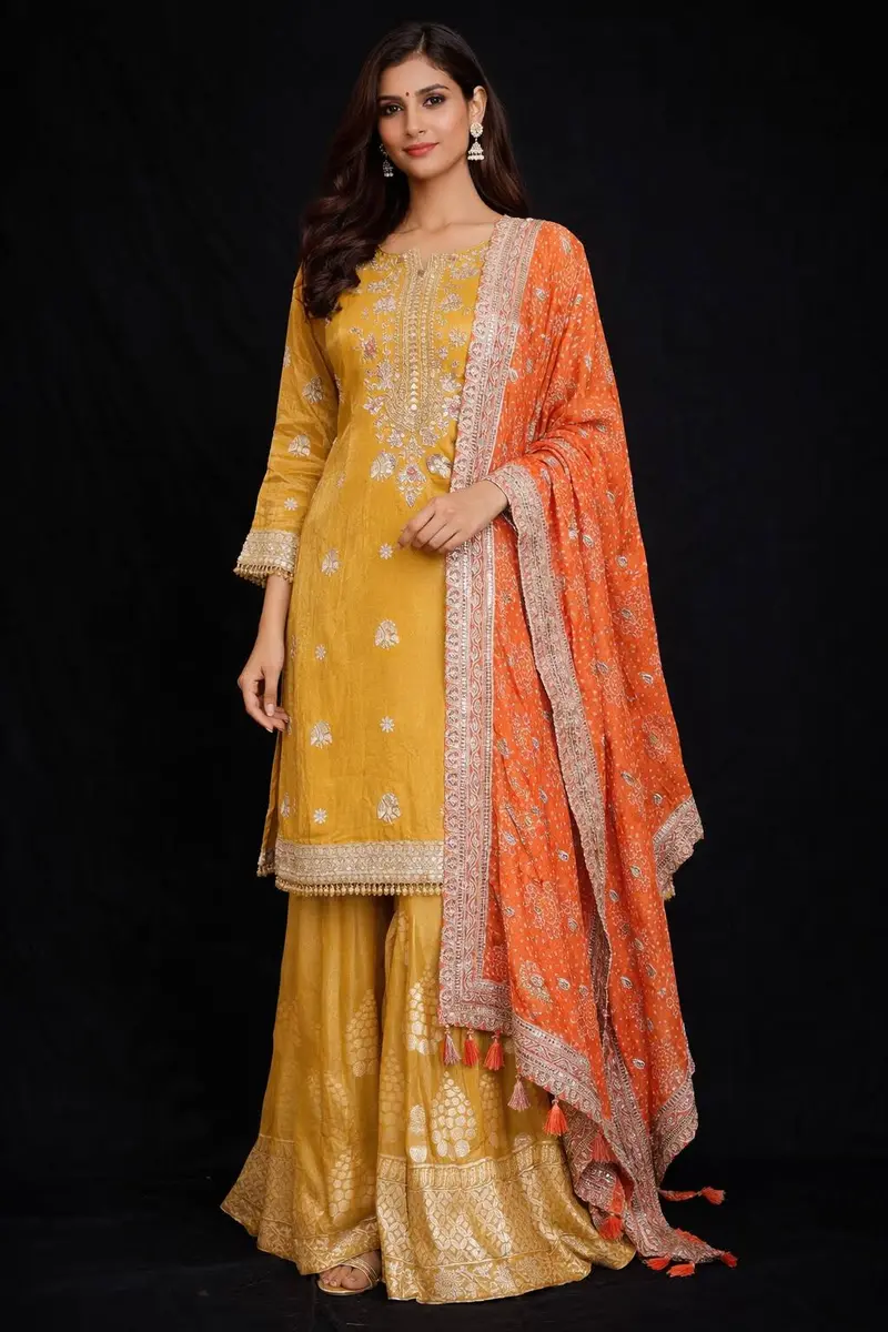 Mustard Yellow Palazzo Salwar Suit Adorned With Sequins And Beads Design Paired With Dupatta 1