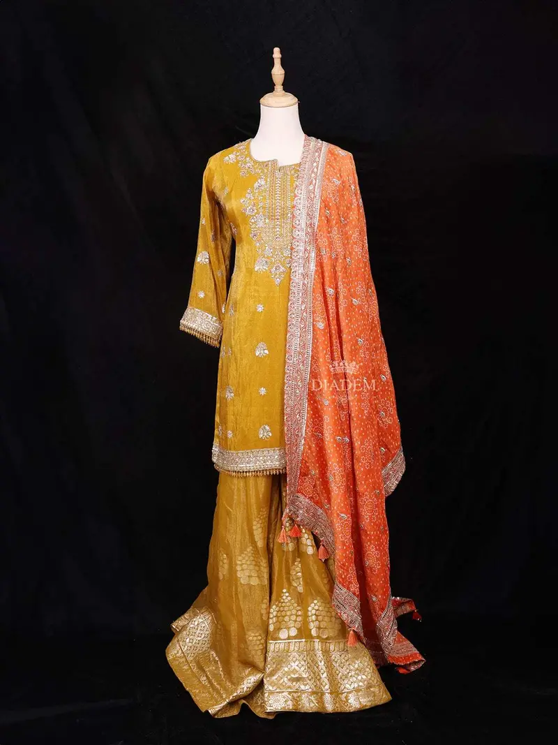 Mustard Yellow Palazzo Salwar Suit Adorned With Sequins And Beads Design Paired With Dupatta 2